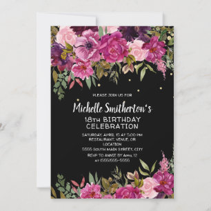 Invitation Floral rose violet 18e anniversaire noir
