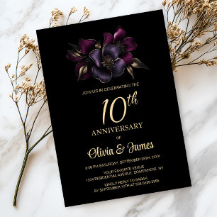 Invitation Floral rose violet noir 10e anniversaire