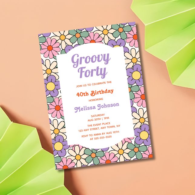 Invitation Floral rose violet rétro Super 40e anniversaire (Créateur téléchargé)