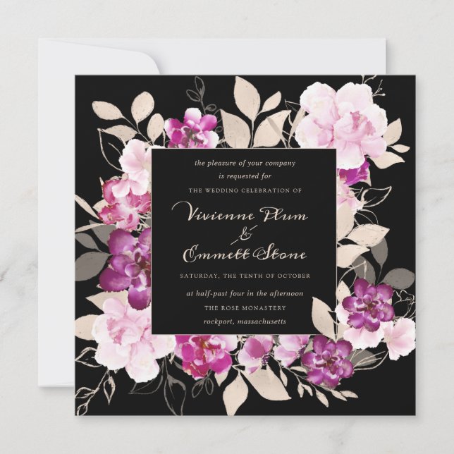 Invitation Floral rose violet sur Mariage Arrière - plan noir (Devant)