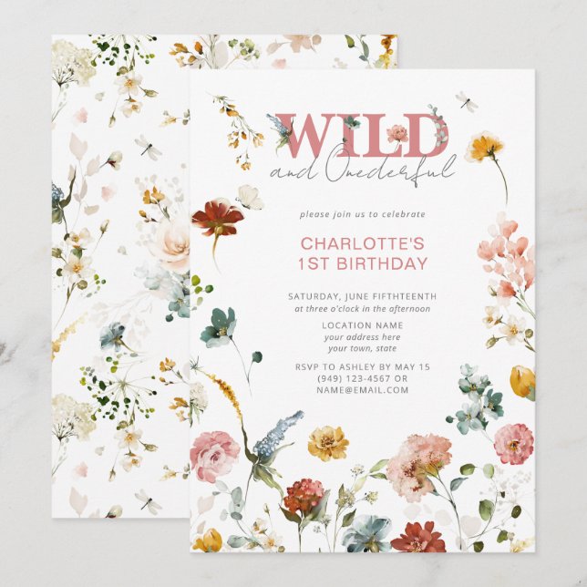 Invitation Floral rose Wild & Onederful Girl 1er anniversaire (Devant / Derrière)