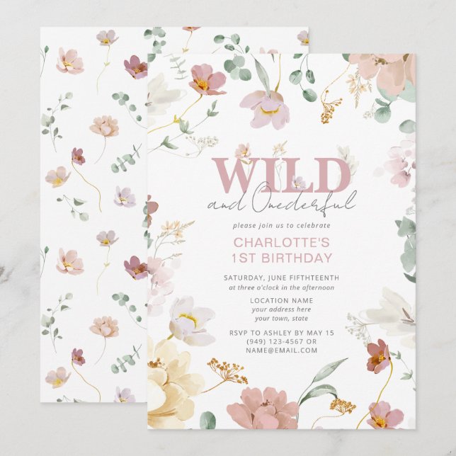 Invitation Floral rose Wild & Onederful Girl 1er anniversaire (Devant / Derrière)