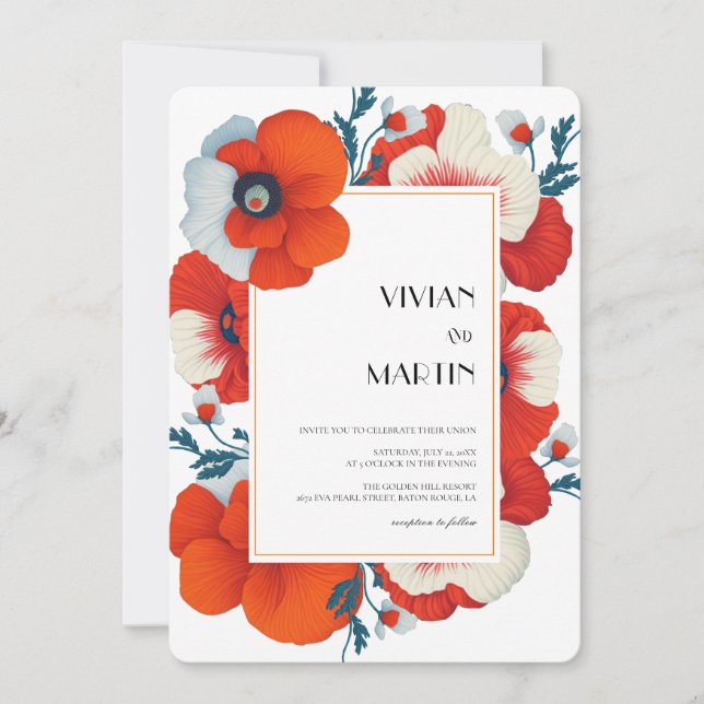Invitation Floral rouge brillant Floral Qr code Mariage (Devant)