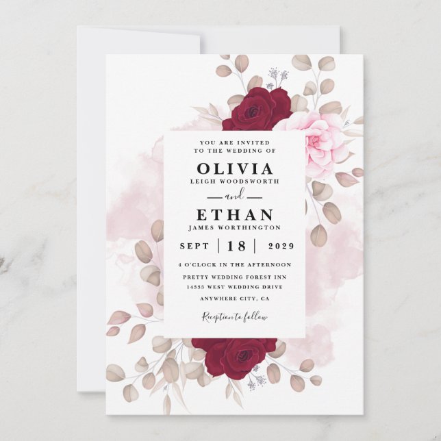 Invitation Floral rouge et rose Rustique Élégant Mariage blan (Devant)
