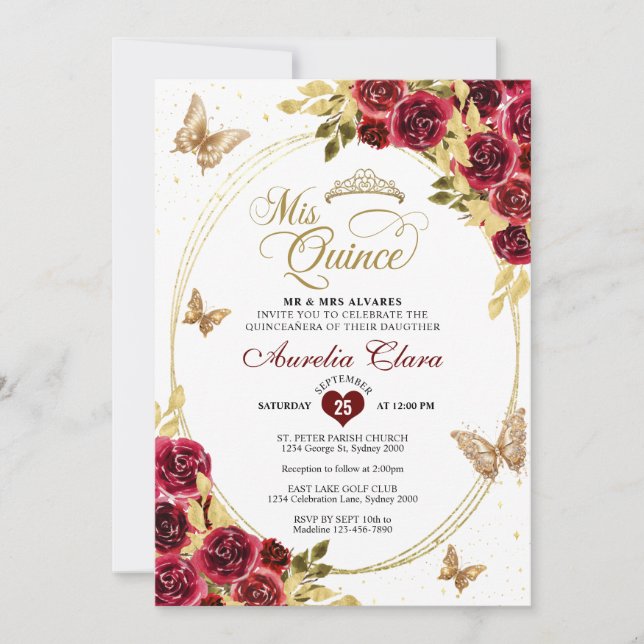 Invitation Floral Rouge Or Tiara Butterfly Mis Quinceañera (Devant)