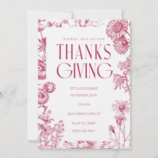Invitation Floral rouge vintage |Action de grâces | Invitatio