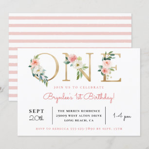 Invitation Floral roux Golden ONE  1er anniversaire Invitatio