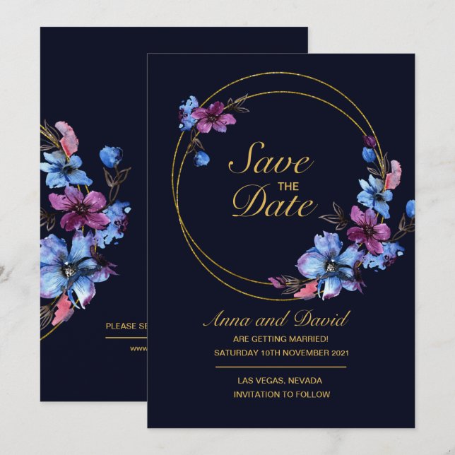 Invitation Floral Royal Blue Moderne Économisez La Date (Devant / Derrière)