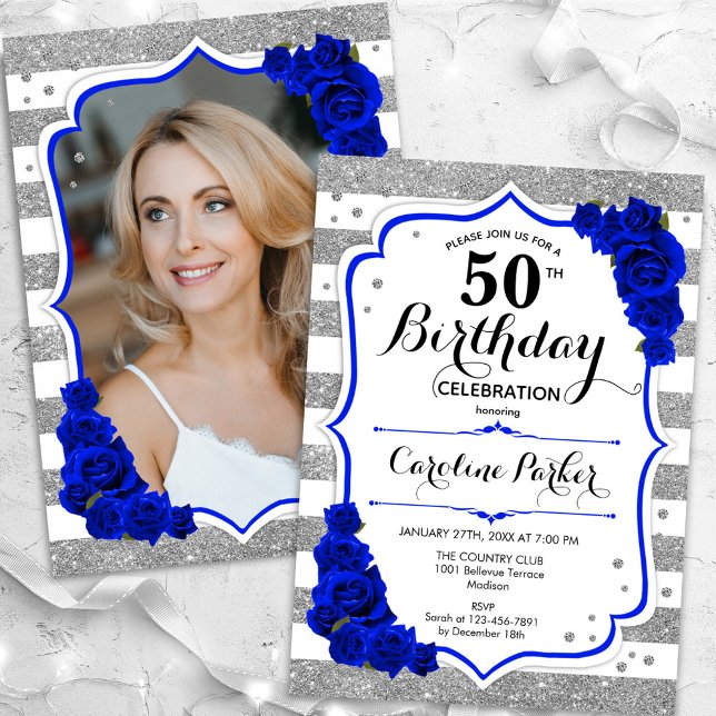 Invitation Floral Royal Blue Silver Photo 50e anniversaire (Créateur téléchargé)