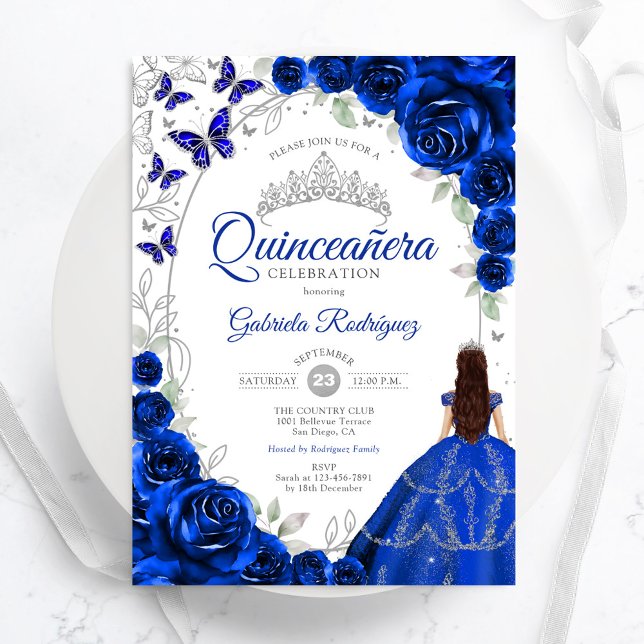 Invitation Floral Royal Blue Silver Quinceanera (Créateur téléchargé)