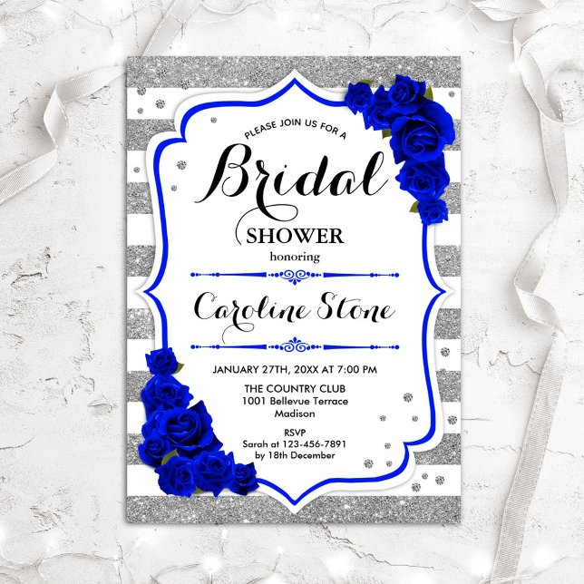 Invitation Floral Royal Blue Silver Stripes Fête des mariées (Créateur téléchargé)