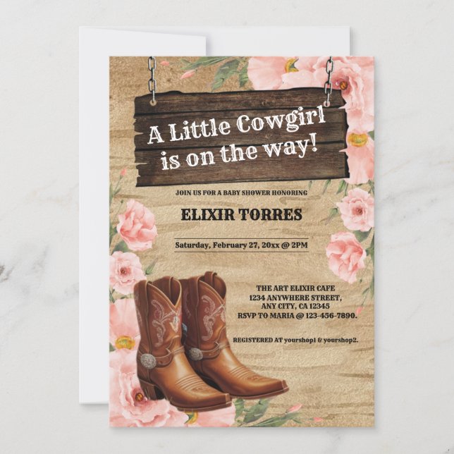 Invitation Floral Rustic Boots Baby shower (Devant)