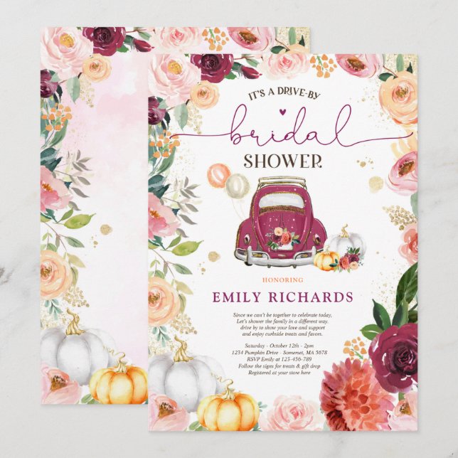 Invitation Floral Rustic Citrouille Drive Par Fête des mariée (Devant / Derrière)