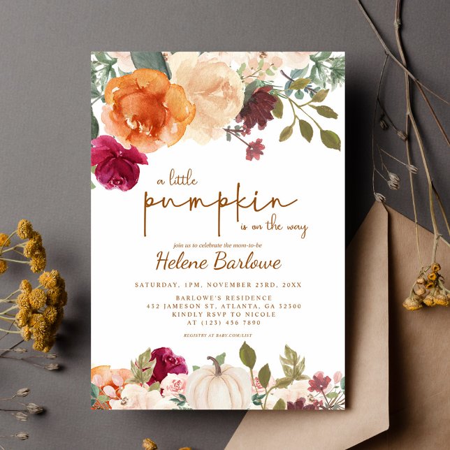 Invitation Floral Rustic Petit Citrouille Baby shower Boho (Floral Rustic Little Pumpkin Boho Baby Shower Invitation)