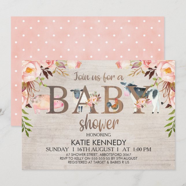 Invitation Floral Rustique Animaux de ferme Baby shower Invit (Devant / Derrière)