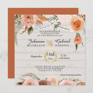 Invitation Floral Rustique Blush Brûlé Orange Feutre de Bois