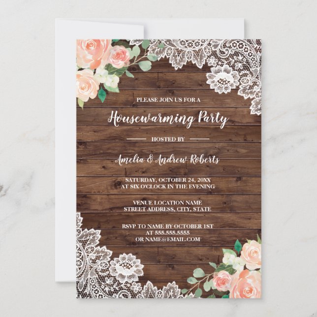 Invitation Floral Rustique dentelle de bois Fête de réchauffe (Devant)