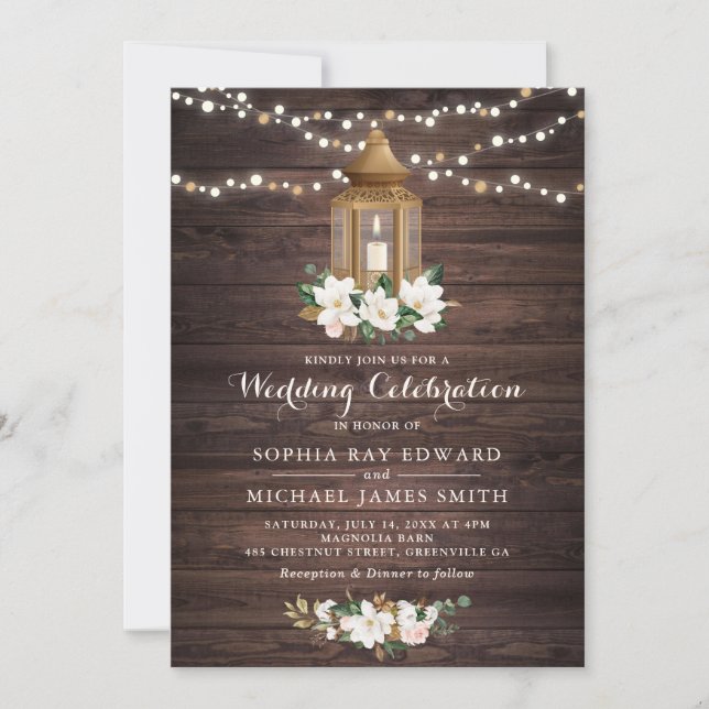 Invitation Floral Rustique Lanterne En Bois Magnolia Éclairag (Devant)