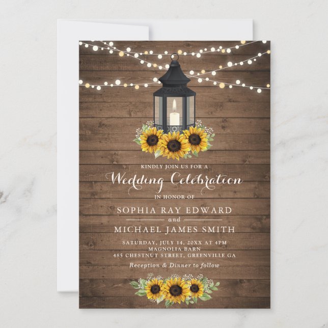 Invitation Floral Rustique Tournesol Bois Luminaires à cordes (Devant)