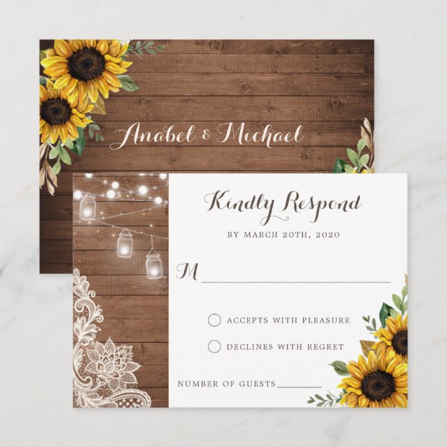 Invitation Floral Rustique Tournesol de Bois Lumières RSVP (Devant / Derrière)