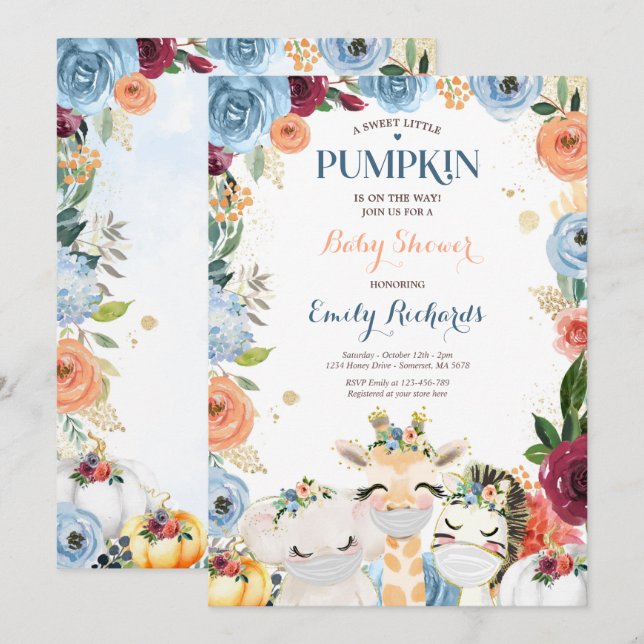 Invitation Floral Safari Animaux Automne Baby shower Citrouil (Devant / Derrière)