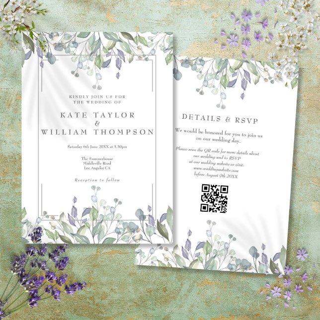 Invitation Floral Sage Et Lilac QR Code Mariage (Floral Sage And Lilac QR Code Wedding Invitation)