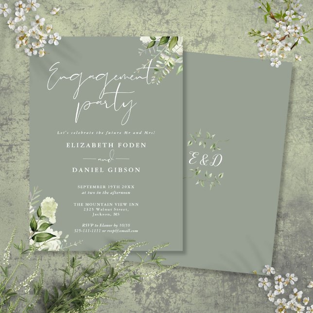 Invitation Floral Sage Green Script Party (Floral Sage Green Script Engagement Party Invitation)