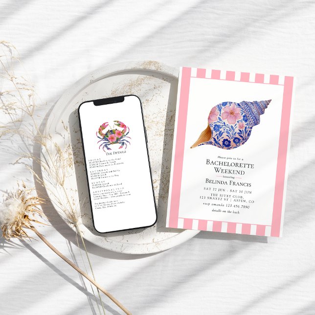 Invitation Floral Seashell Coastal Beach Bachelorette Weekend (Floral Seashell Coastal Beach Bachelorette Weekend Invitation)