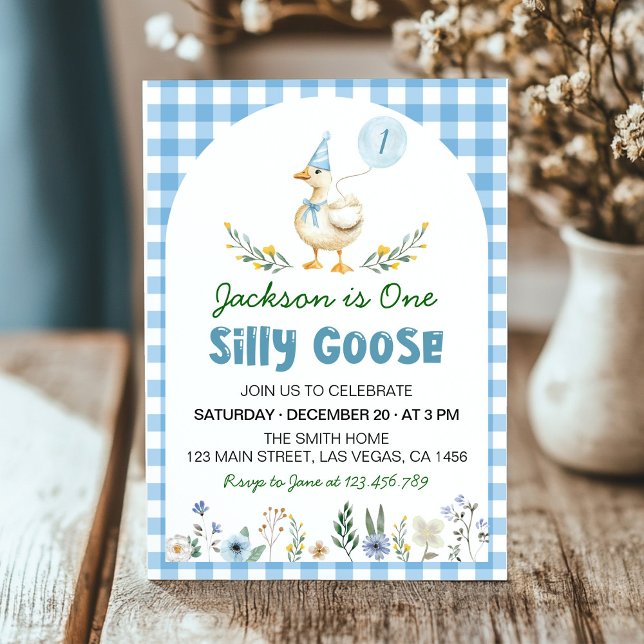 Invitation Floral Silly Goose Blue Balloon 1er anniversaire (Créateur téléchargé)