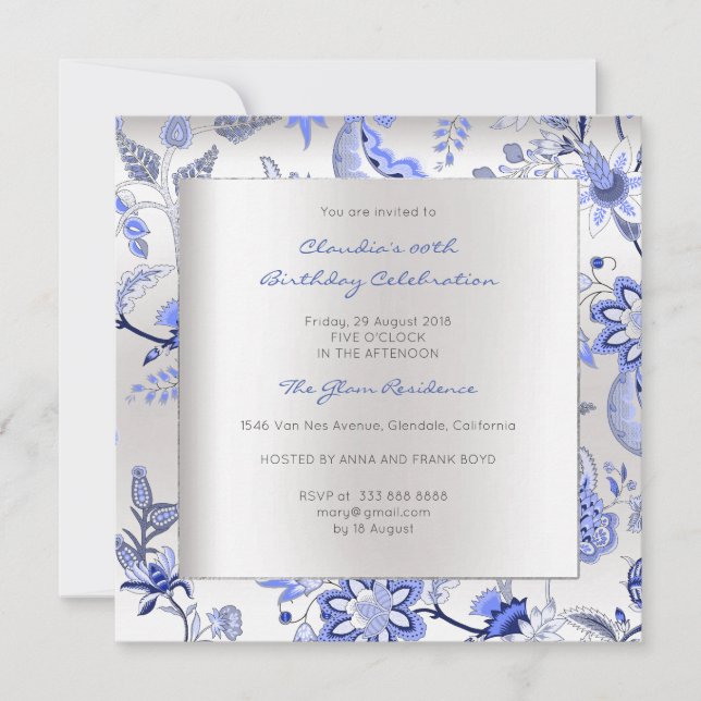 Invitation Floral Silver Sapphire Printemps Chinoiserie Événe (Devant)