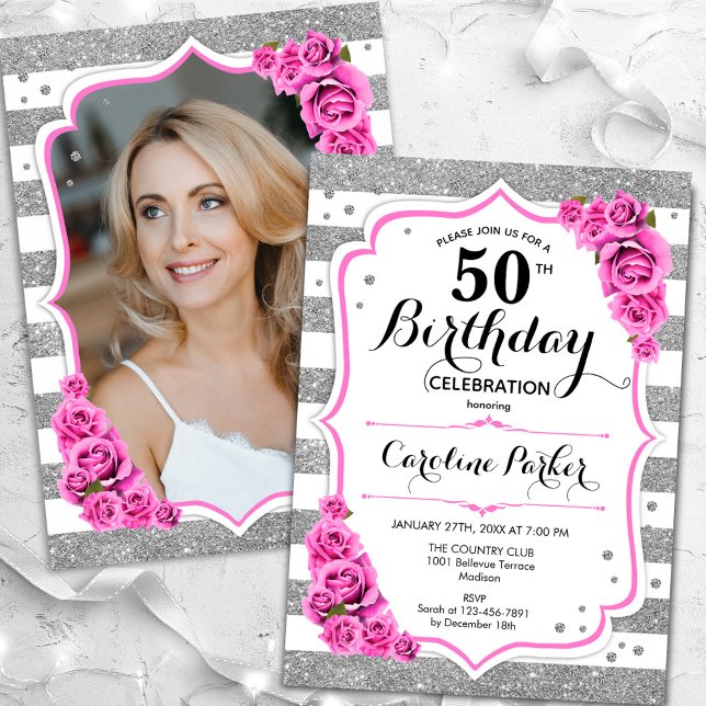 Invitation Floral Silver White Pink Photo 50e anniversaire (Créateur téléchargé)