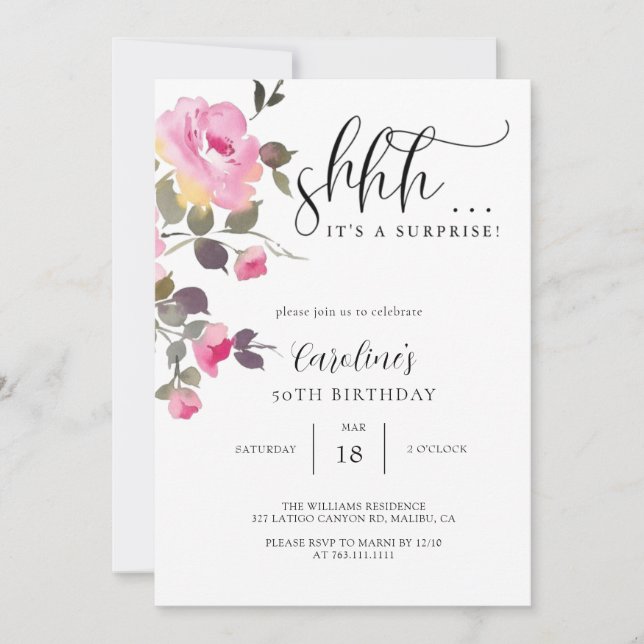 Invitation Floral Simple Surprise fête d'anniversaire (Devant)
