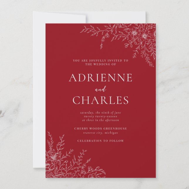 Invitation Floral Simplicity 1 Cranberry Red Minimal Wedding (Devant)