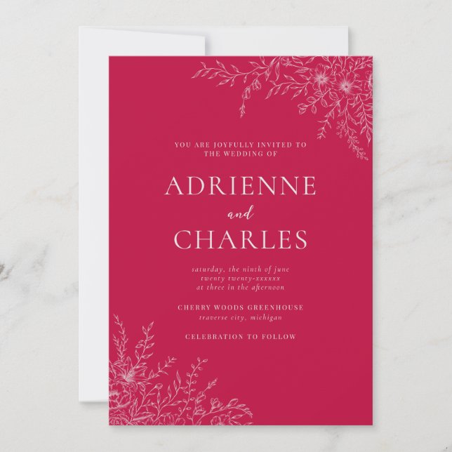 Invitation Floral Simplicity 1 Raspberry Pink Minimal Wedding (Devant)