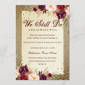 Invitation Floral Sparkle Gold Renouvellement de Vœux Anniver