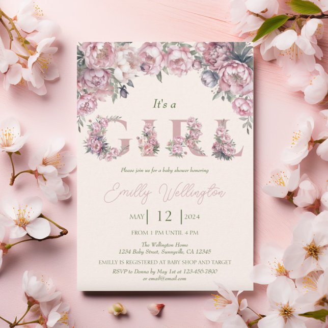 Invitation Floral Spring Pink Peonies Boho Girl Baby shower (Créateur téléchargé)