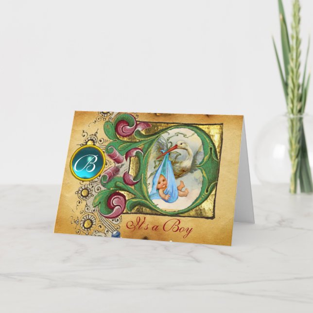 INVITATION FLORAL STORK GARÇON BABY SHOWER BLUE GEM MONOGRAM (Devant)