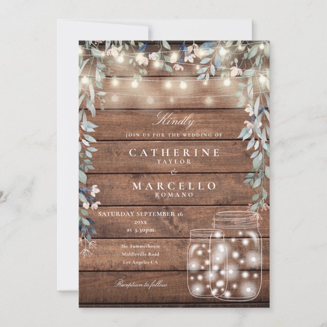Invitation Floral String éclaire Mason Jar Mariage en bois ru (Devant)