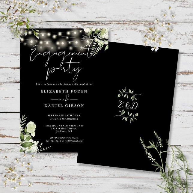 Invitation Floral String Lights Black White Engagement Party (Floral String Lights Black White Engagement Party Invitation)