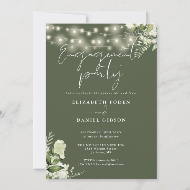 Invitation Floral String Lights Olive Green Engagement Party (Devant)