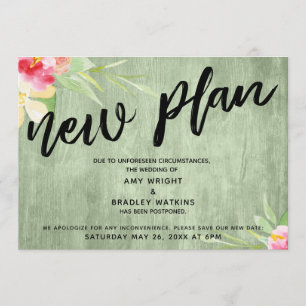 Invitation Floral sur bois vert "Nouveau plan" Mariage report