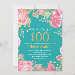 Invitation Floral Surprise 100e Anniversaire Or et Turquoise