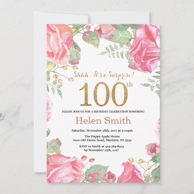 Invitation Floral Surprise 100e anniversaire Parties scintill (Devant)