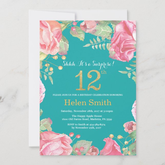 Invitation Floral Surprise 12e anniversaire Gold et Turquoise (Devant)