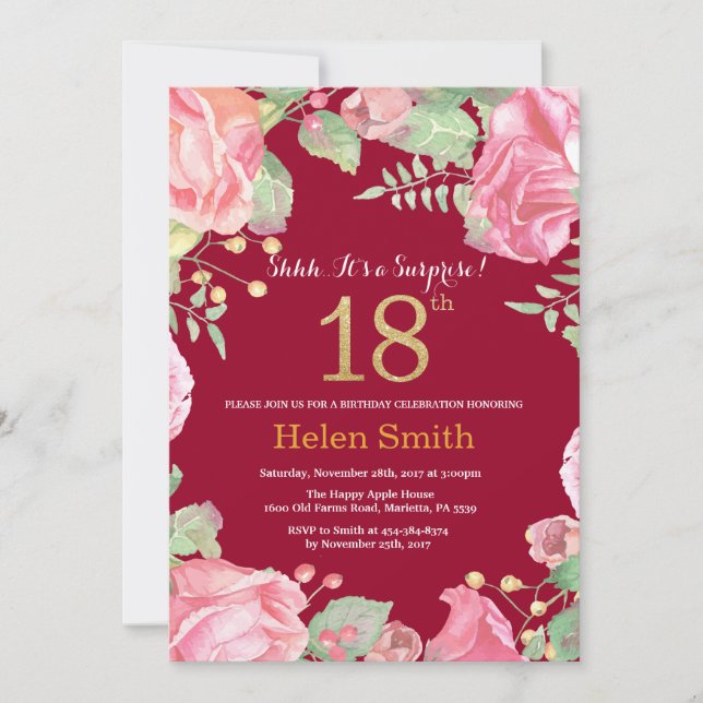 Invitation Floral Surprise 18e Anniversaire Or Bourgogne Roug (Devant)
