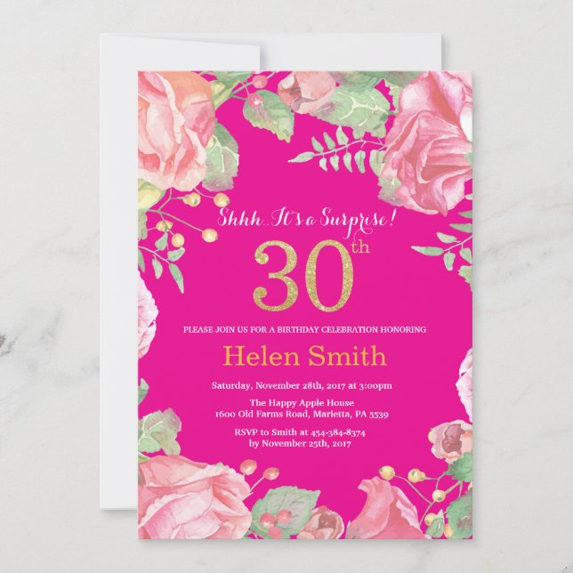 Invitation Floral Surprise 30e anniversaire Or et rose chaud (Devant)