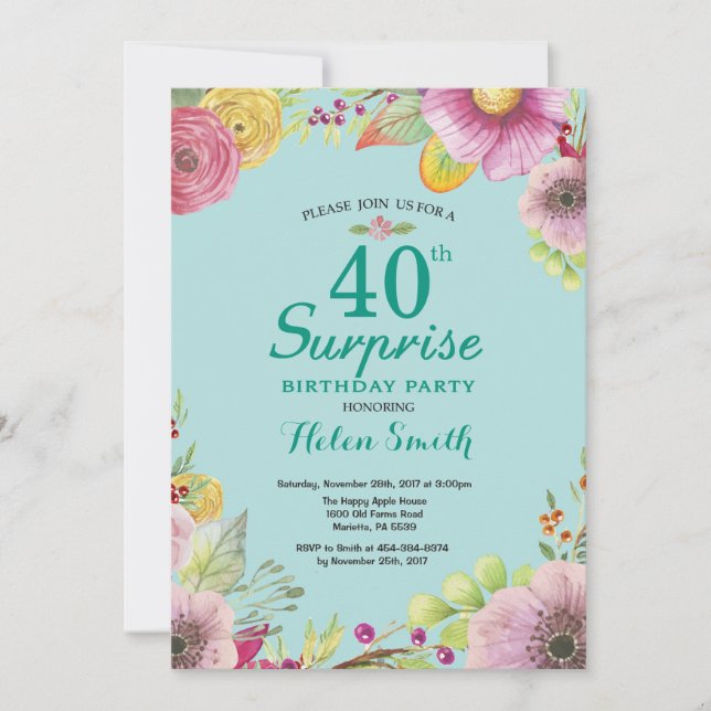Invitation Floral Surprise 40e anniversaire Turquo (Devant)