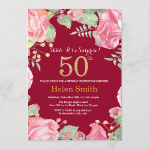 Invitation Floral Surprise 50e Anniversaire Or Bourgogne Roug
