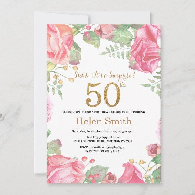 Invitation Floral Surprise 50e anniversaire Parties scintilla (Devant)