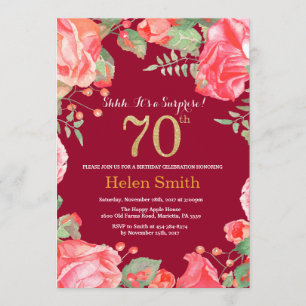 Invitation Floral Surprise 70e anniversaire Gold Burgundy Red